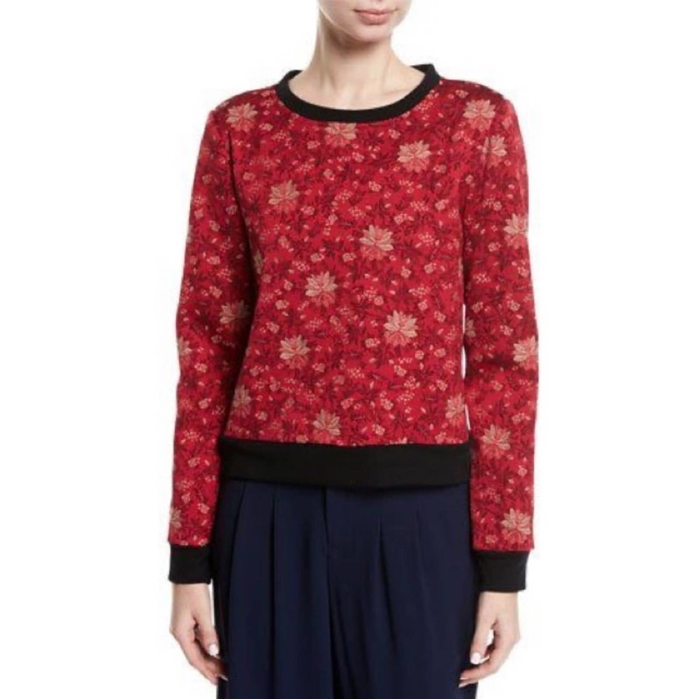 Alice & Olivia Red Jacquard Long Sleeve Floral Pullover Sweater Top Size S